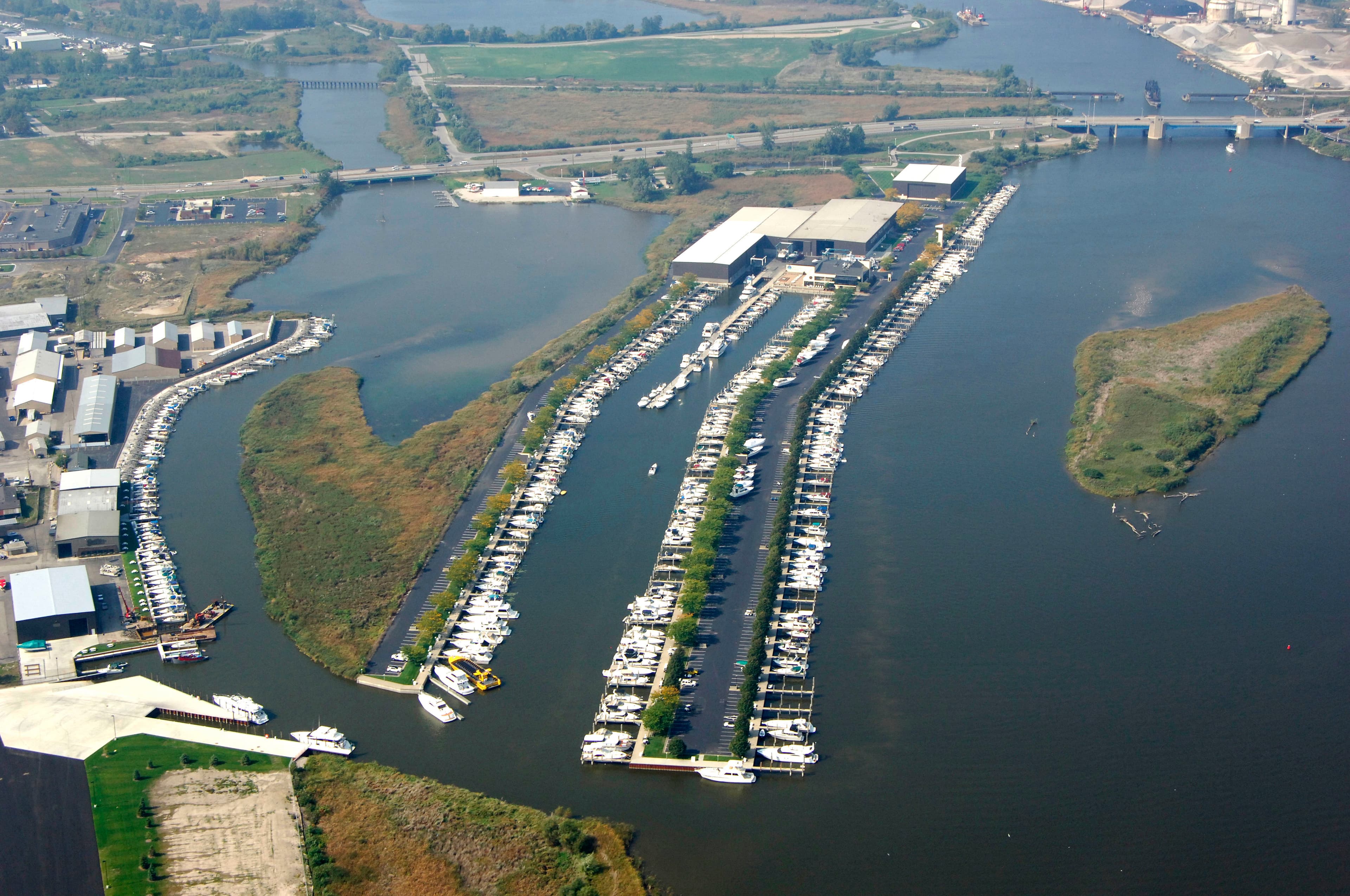 Aerial view of Safe Harbor Grand Isle marina in Grand Haven, Michigan