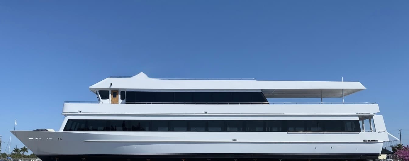 Charter yacht exterior view — sleek white multi-deck vessel docked in Miami